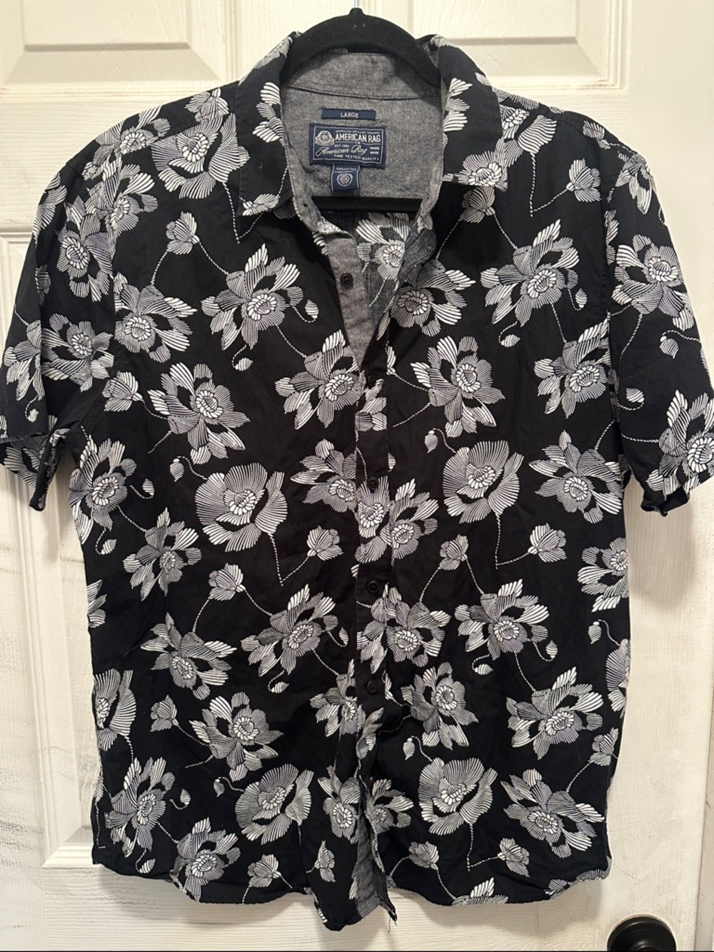 American Rag Black Short-Sleeve Button-Down with White Floral Print